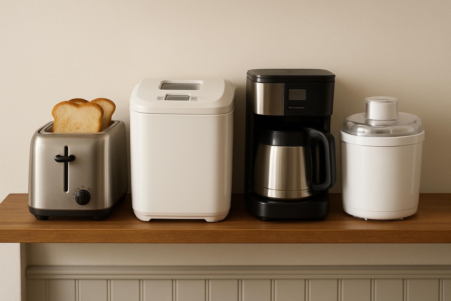 Kitchen appliances on wooden shelf
