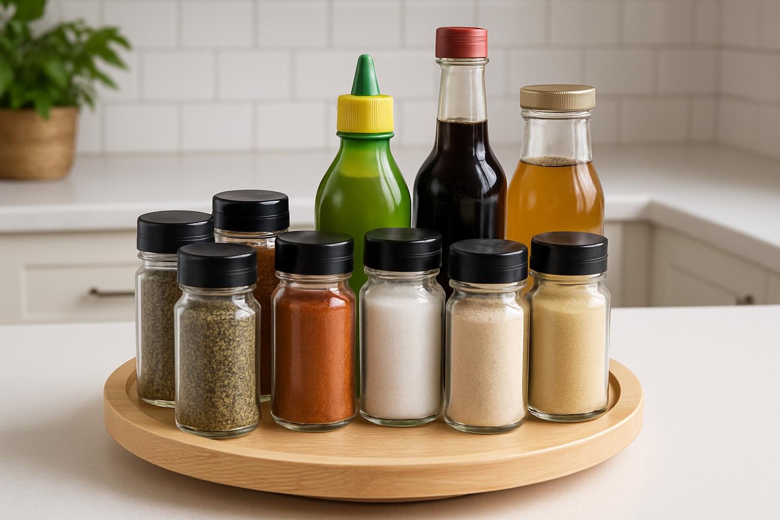 Assorted spices and condiments displayed neatly